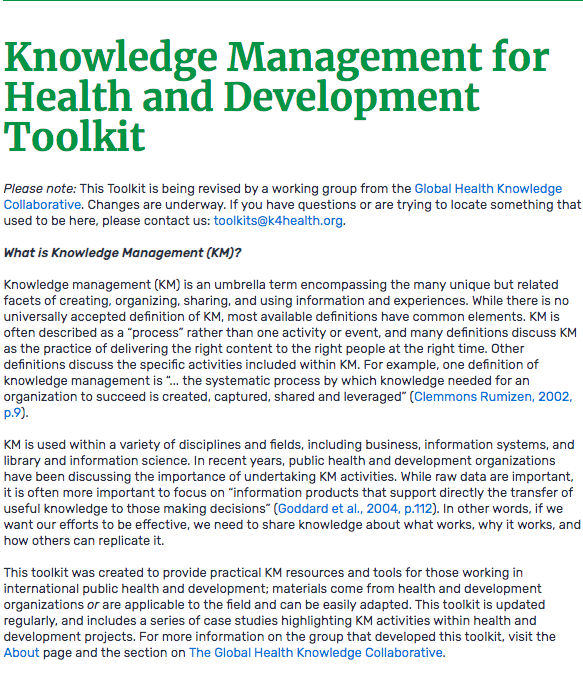 Knowledge Management for Health and Development Toolkit