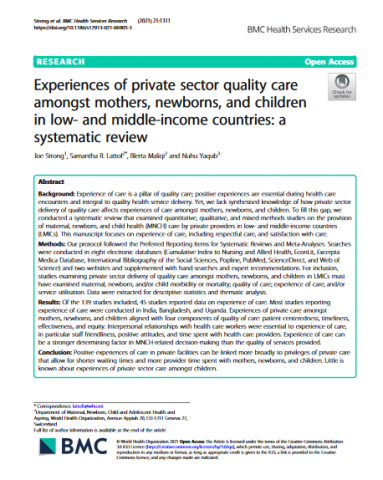 Experiences of private sector quality care amongst mothers, newborns, and children in low- and middle-income countries: a systematic review